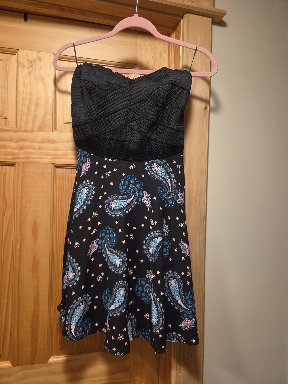 Express Black Strapless Dress with Blue and Pink Paisley